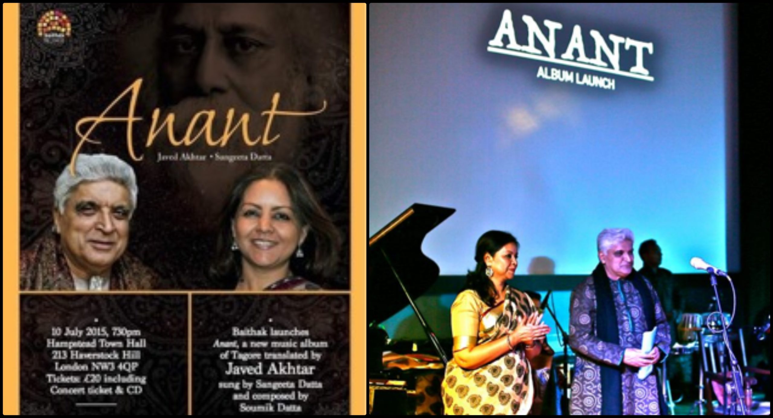 Baithak launches Anant-a new music album of Tagore translated by Javed Akhtar, sung by Sangeeta Datta, music composed by Soumik Datta. Friday 10 July, Hampstead Town Hall